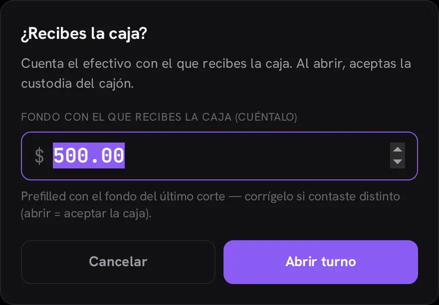 El diálogo ¿Recibes la caja? con el fondo del último corte precargado en $500.00 y el botón Abrir turno