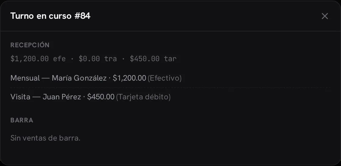 Detalle de un turno: los cobros de recepción y las ventas de barra que lo componen