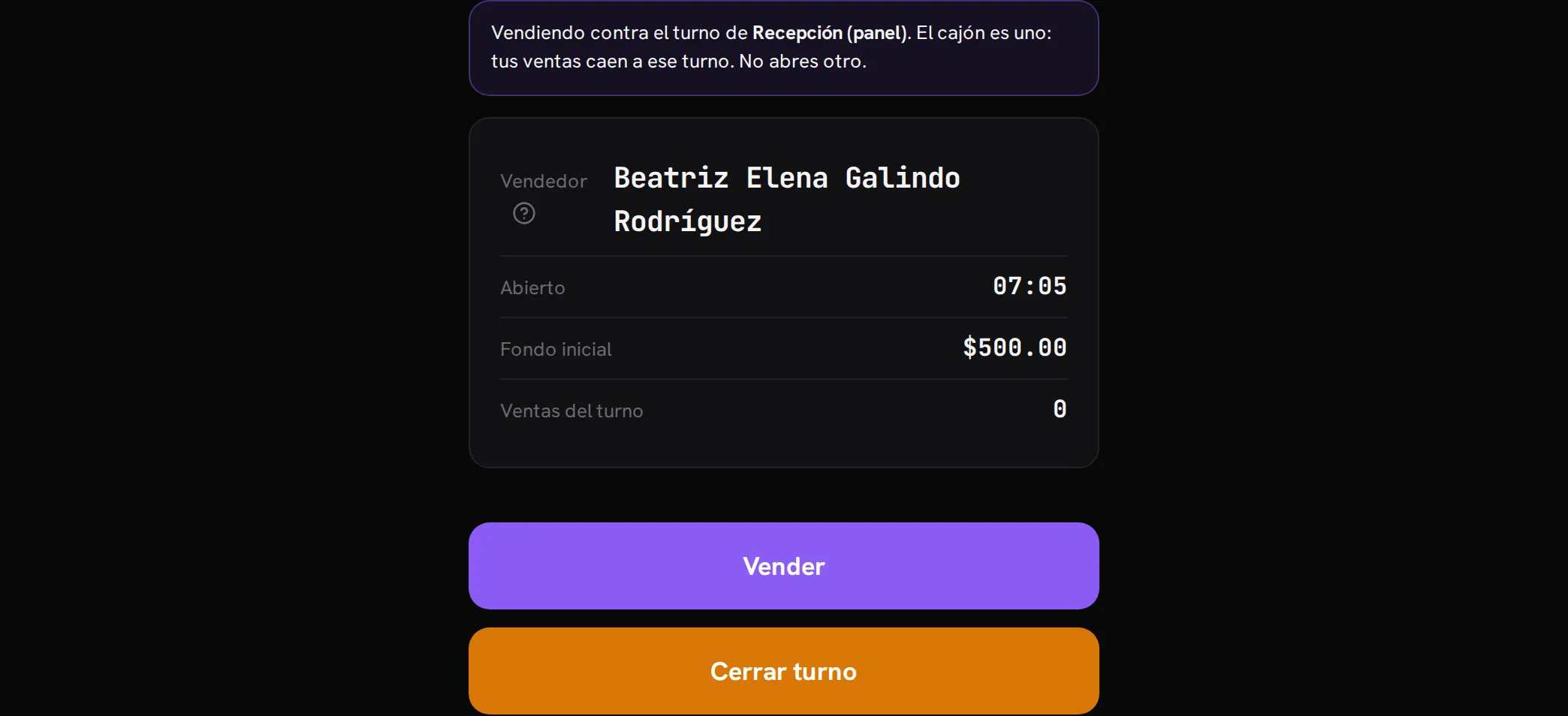Pantalla de la tablet de barra: Vendiendo contra el turno de Recepción (panel), el cajón es uno, tus ventas caen a ese turno