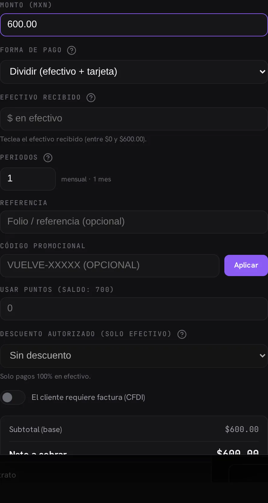 Formulario de pago con Forma de pago = Dividir (efectivo + tarjeta) y el campo Efectivo recibido