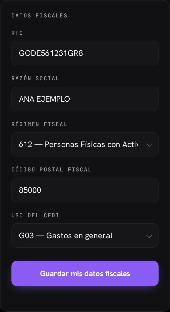 Formulario de datos fiscales lleno: RFC, razón social, régimen, código postal y uso de CFDI