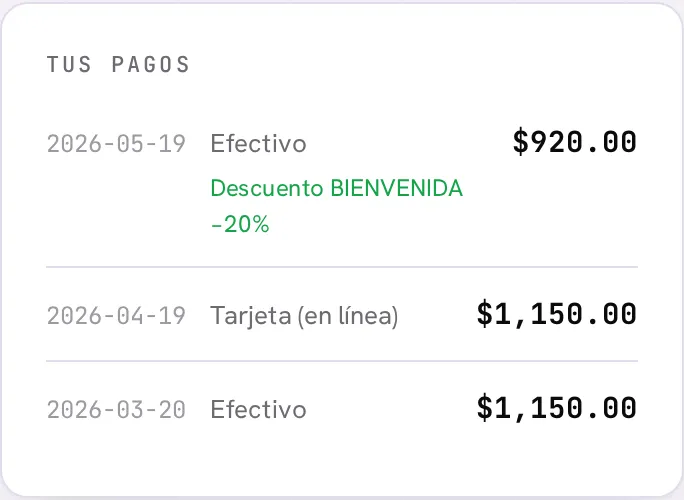 Historial de pagos con fecha, forma de pago, monto y la línea de descuento