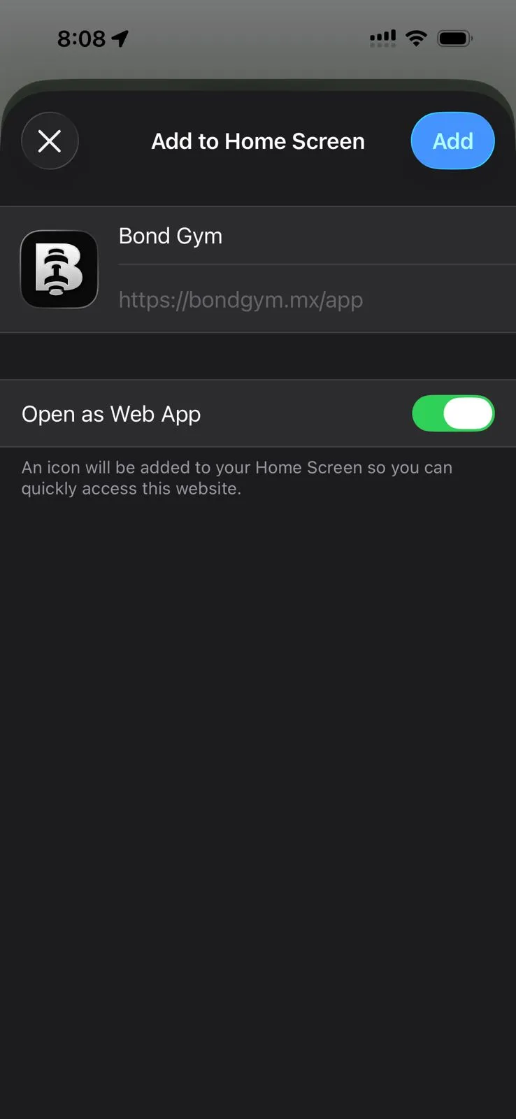 Pantalla para agregar a inicio, con el nombre de la app y el botón Agregar