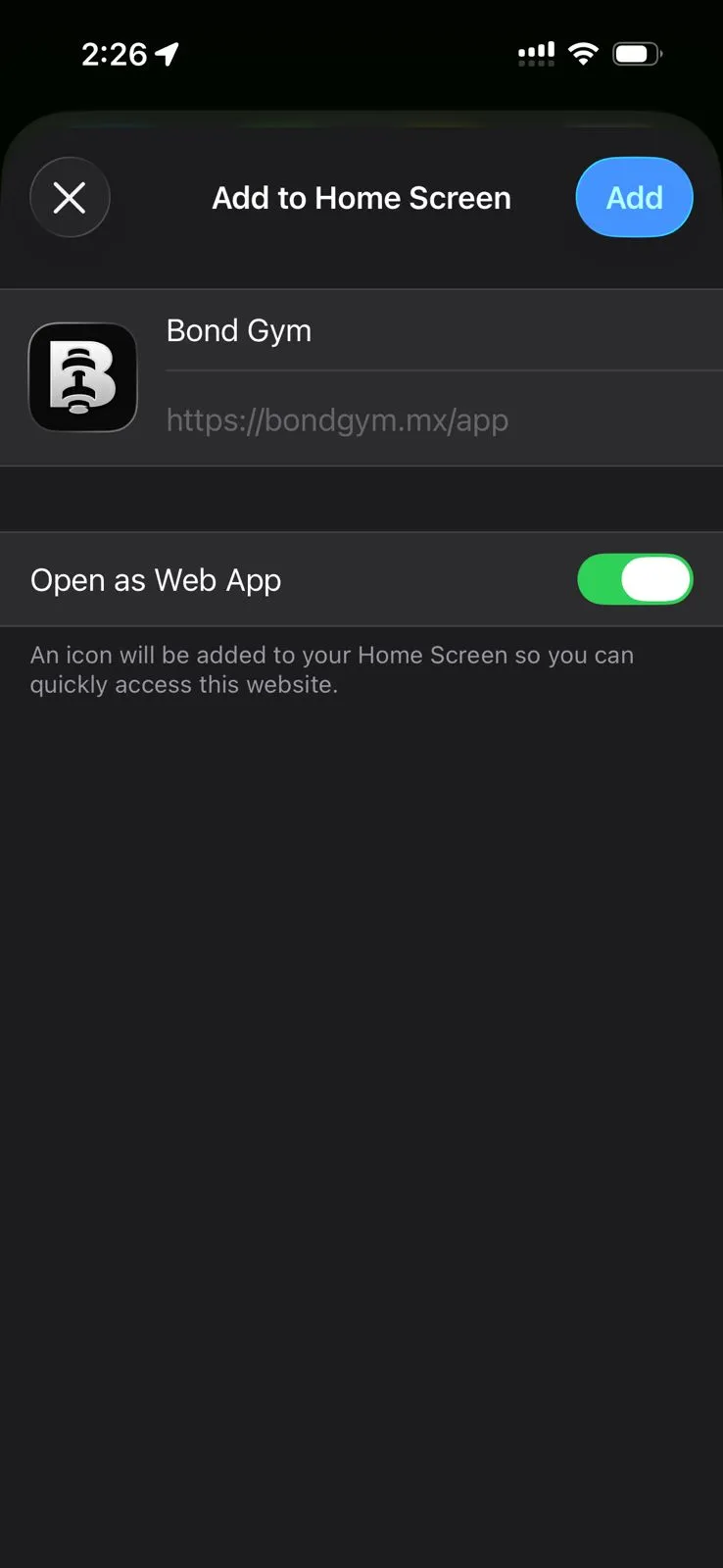 Pantalla para agregar a inicio, con el nombre de la app y el botón Agregar