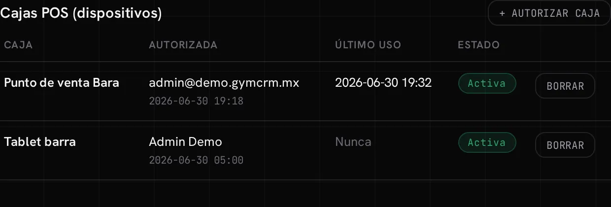 El bloque Cajas POS en el panel: la tabla de dispositivos autorizados con su estado
