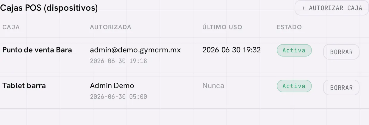 El bloque Cajas POS en el panel: la tabla de dispositivos autorizados con su estado