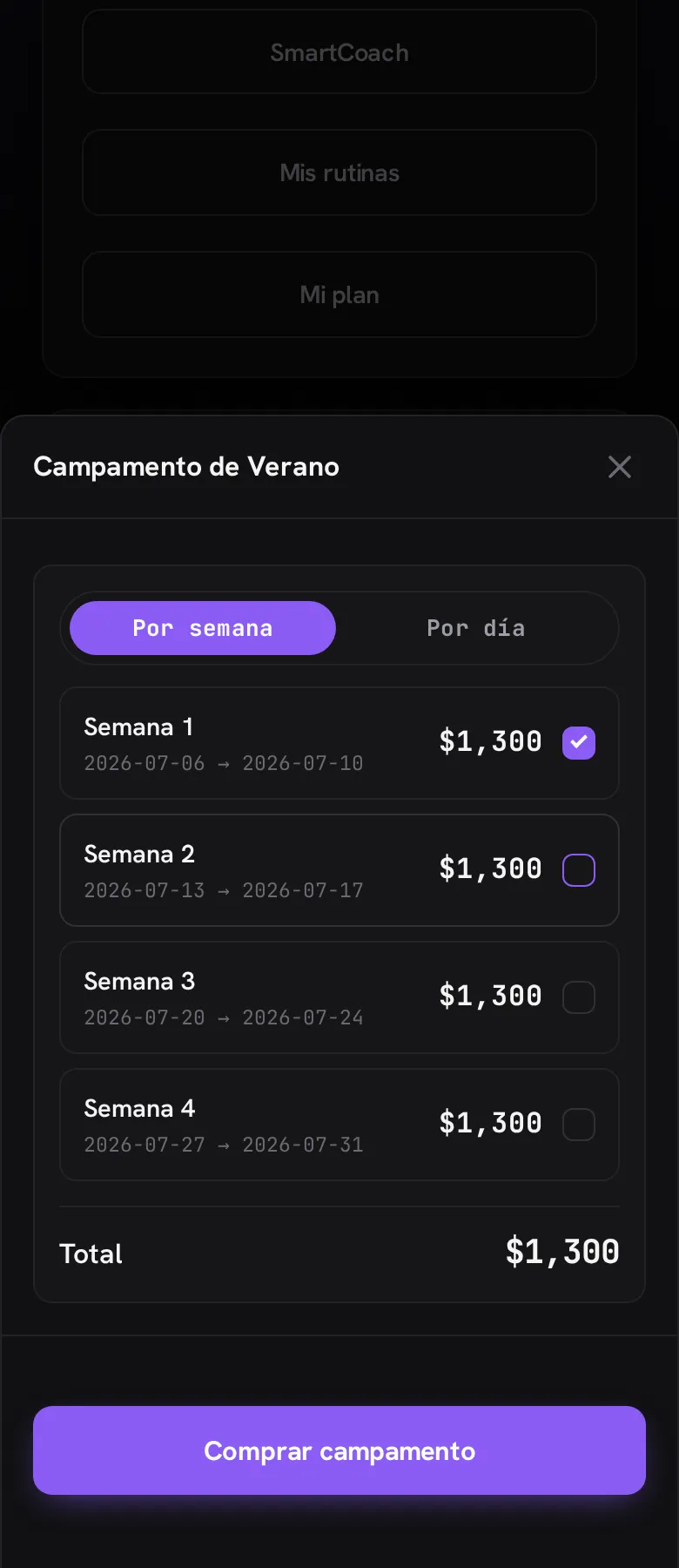 La hoja de comprar campamento en el portal del socio: elegir por semana o por día, con el total y el botón de comprar