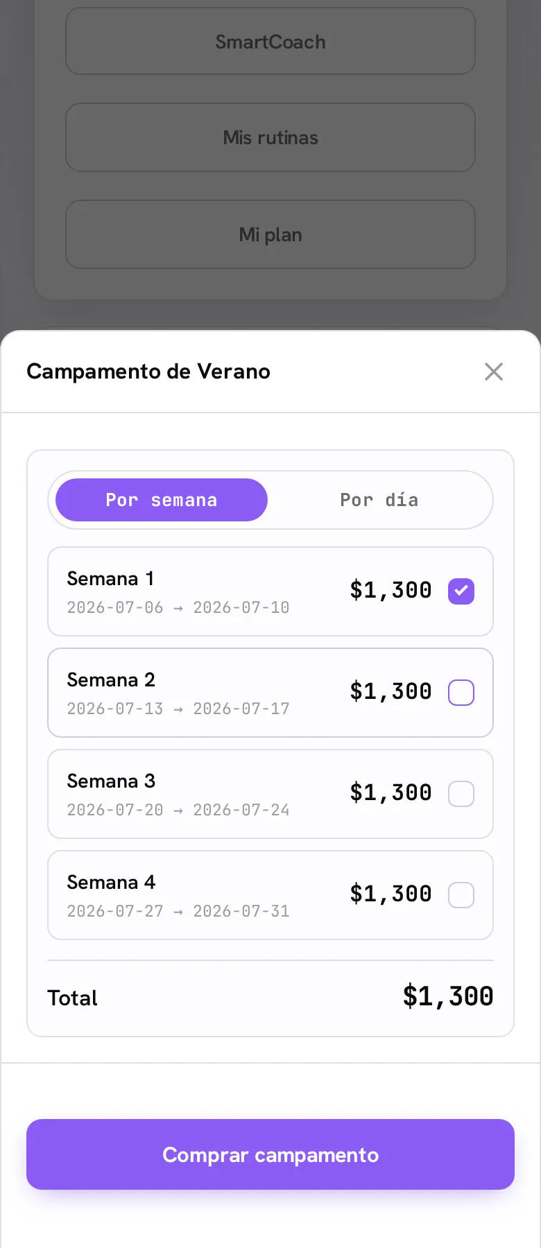 La hoja de comprar campamento en el portal del socio: elegir por semana o por día, con el total y el botón de comprar