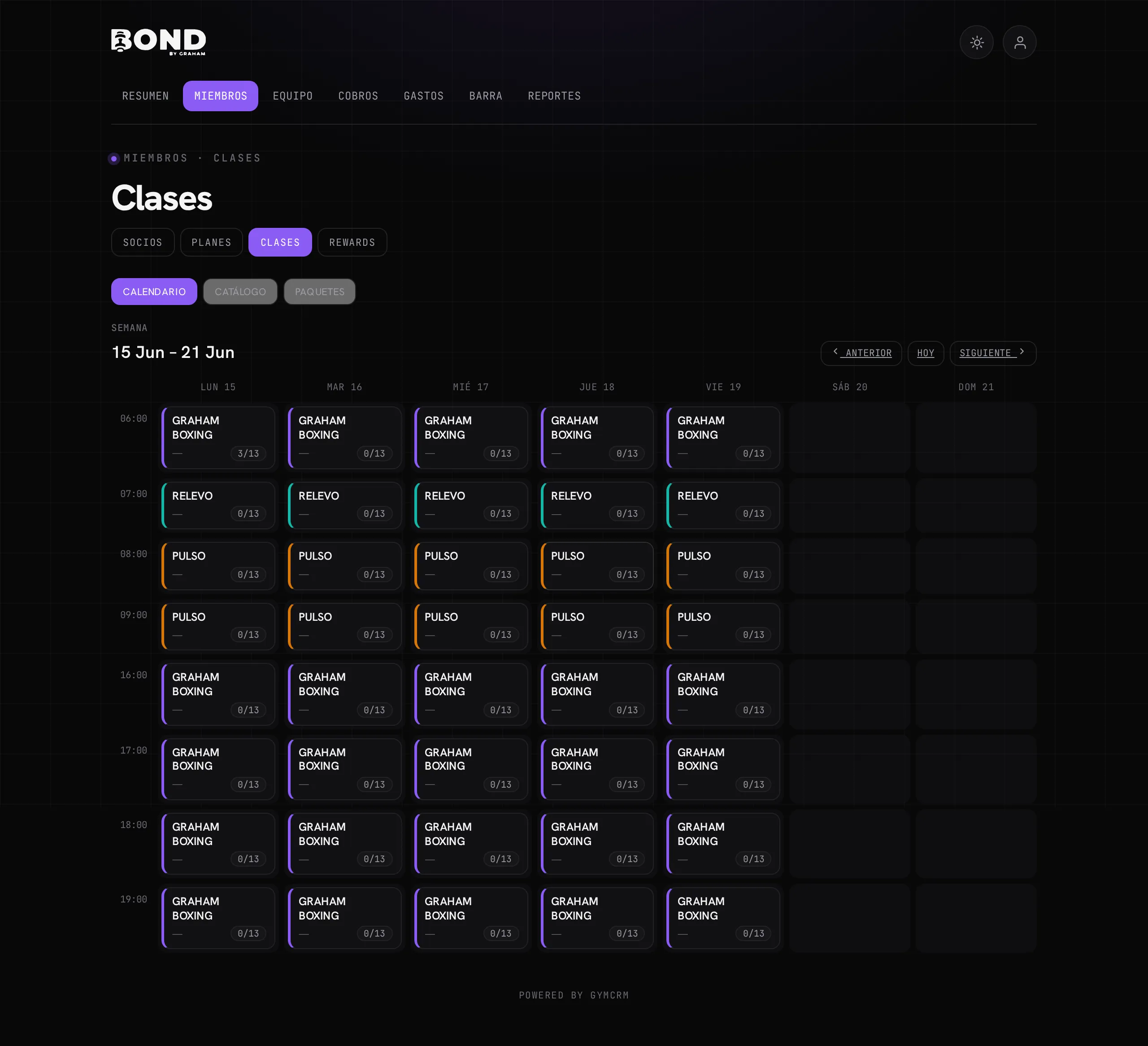 El calendario semanal de Clases: cada sesión con su clase, horario y cupo (reservadas/total)
