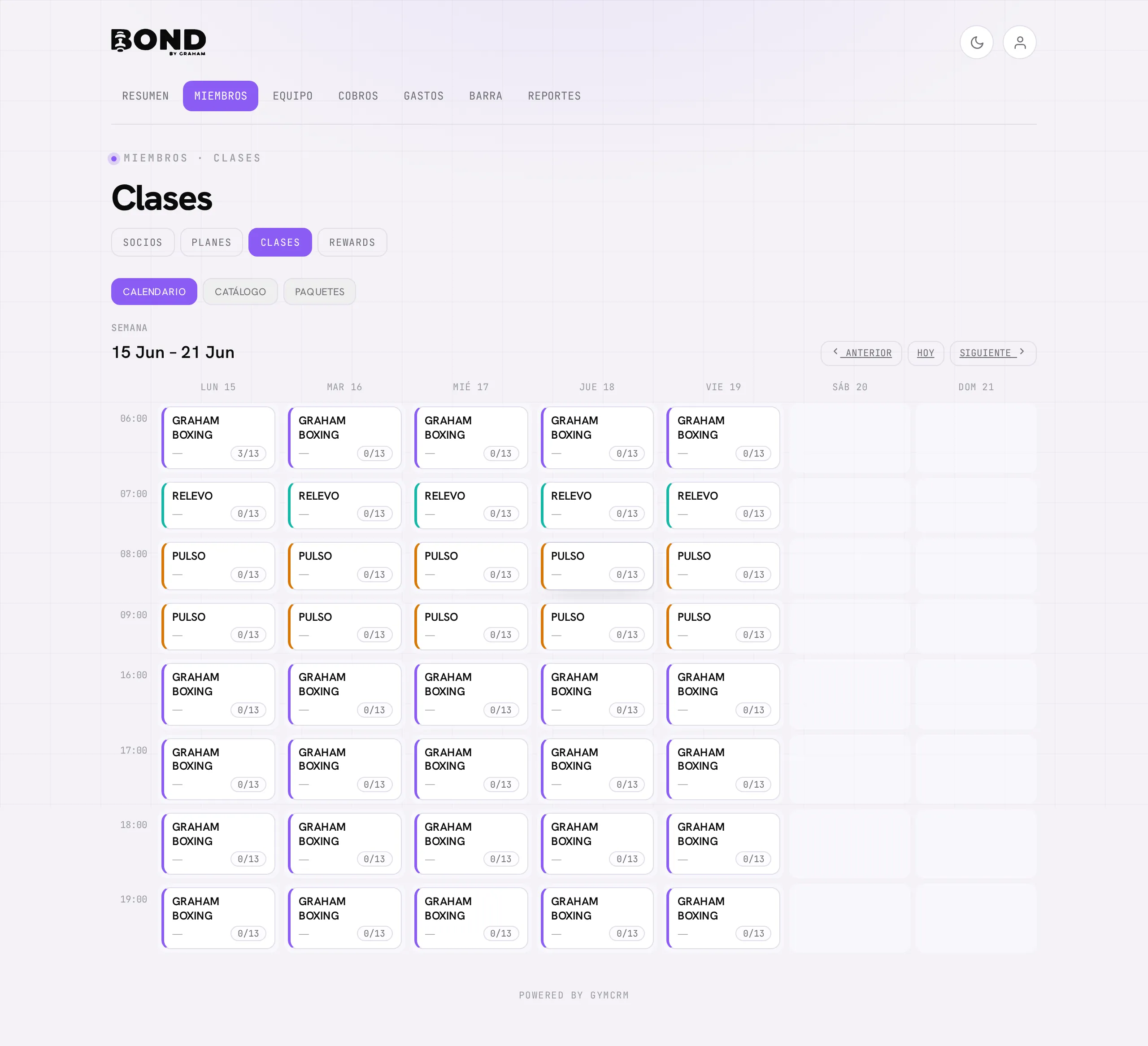 El calendario semanal de Clases: cada sesión con su clase, horario y cupo (reservadas/total)