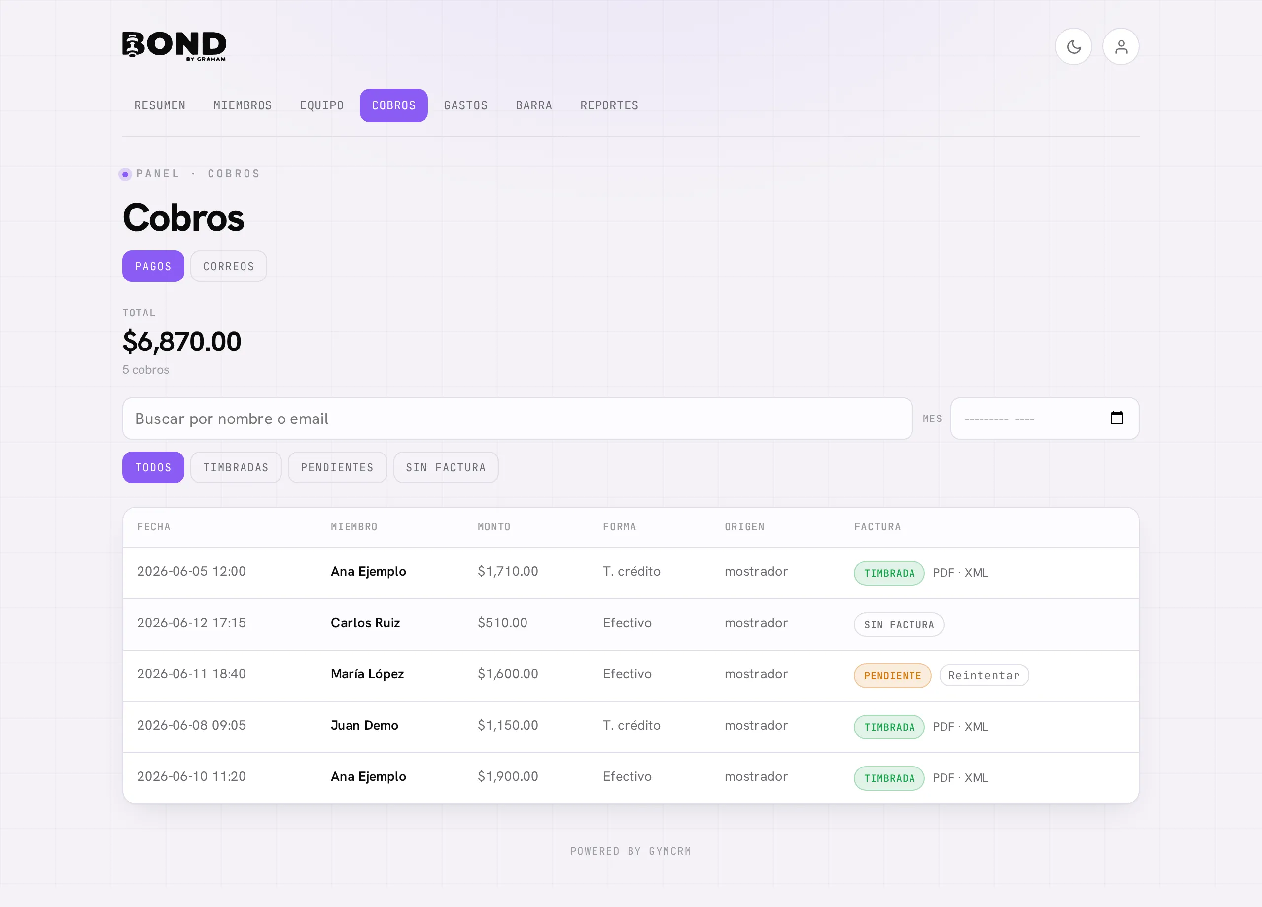 El historial de Cobros: total, filtros por estado de factura y la tabla de pagos con sus descargas de CFDI