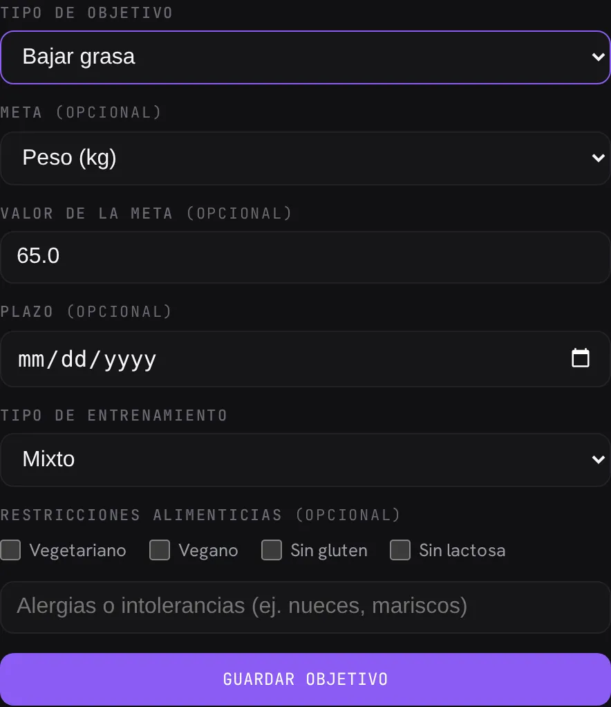 El formulario de objetivo: tipo (bajar grasa), meta, plazo, tipo de entrenamiento y restricciones alimenticias