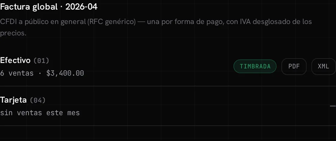 Una factura global timbrada, con su número de ventas, total y las descargas PDF y XML