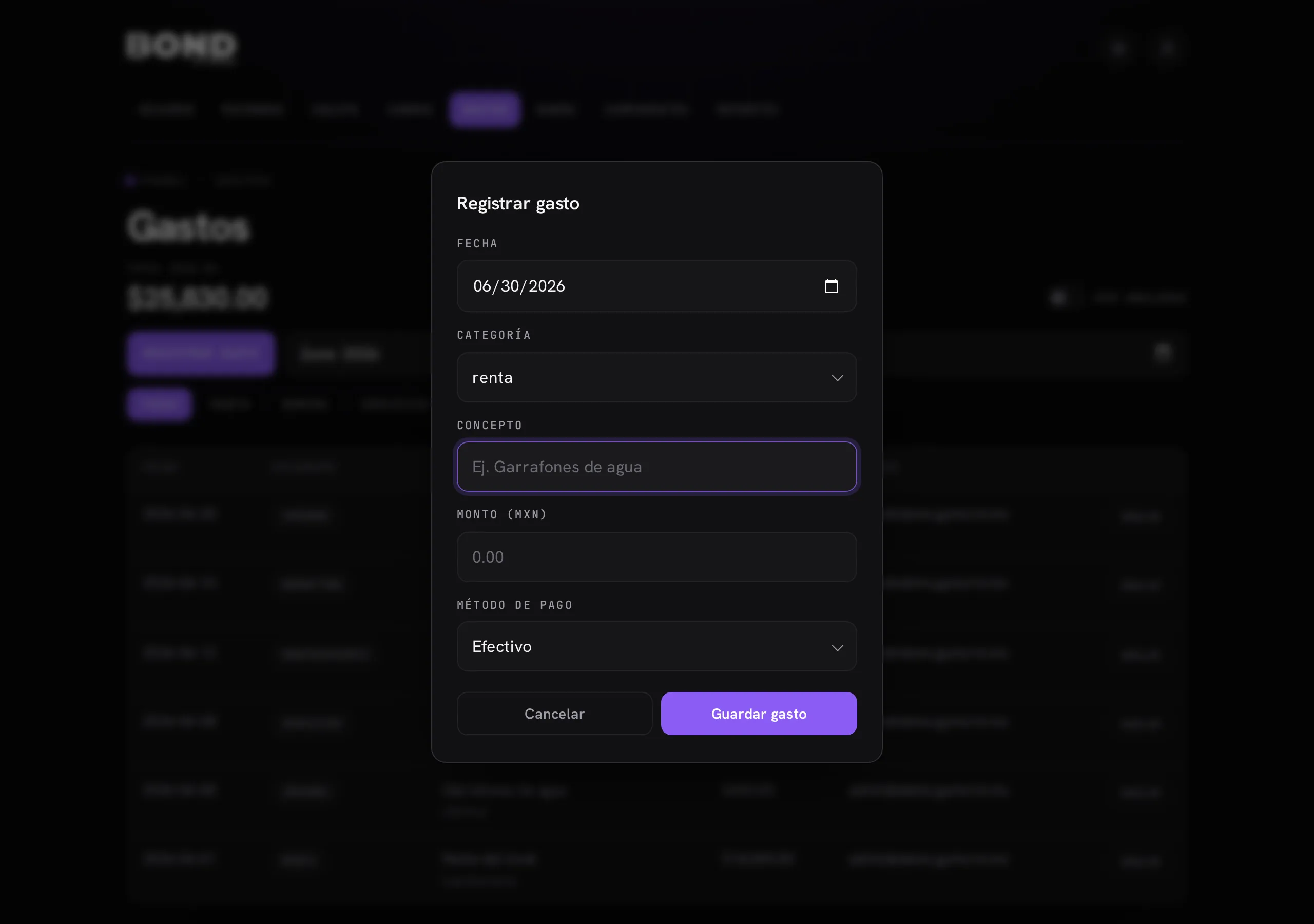El modal de registrar gasto: fecha, categoría, concepto, monto y método de pago