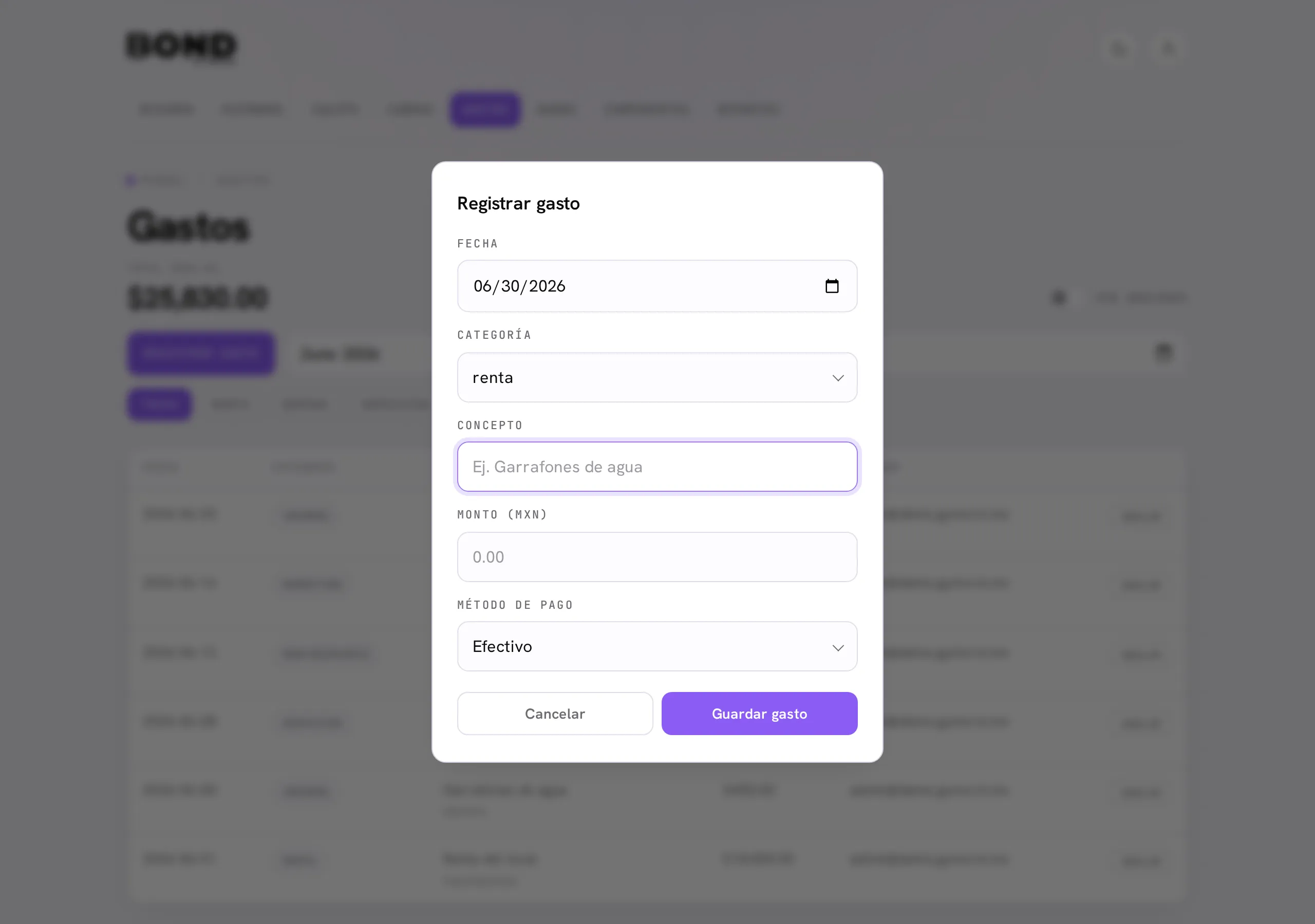 El modal de registrar gasto: fecha, categoría, concepto, monto y método de pago