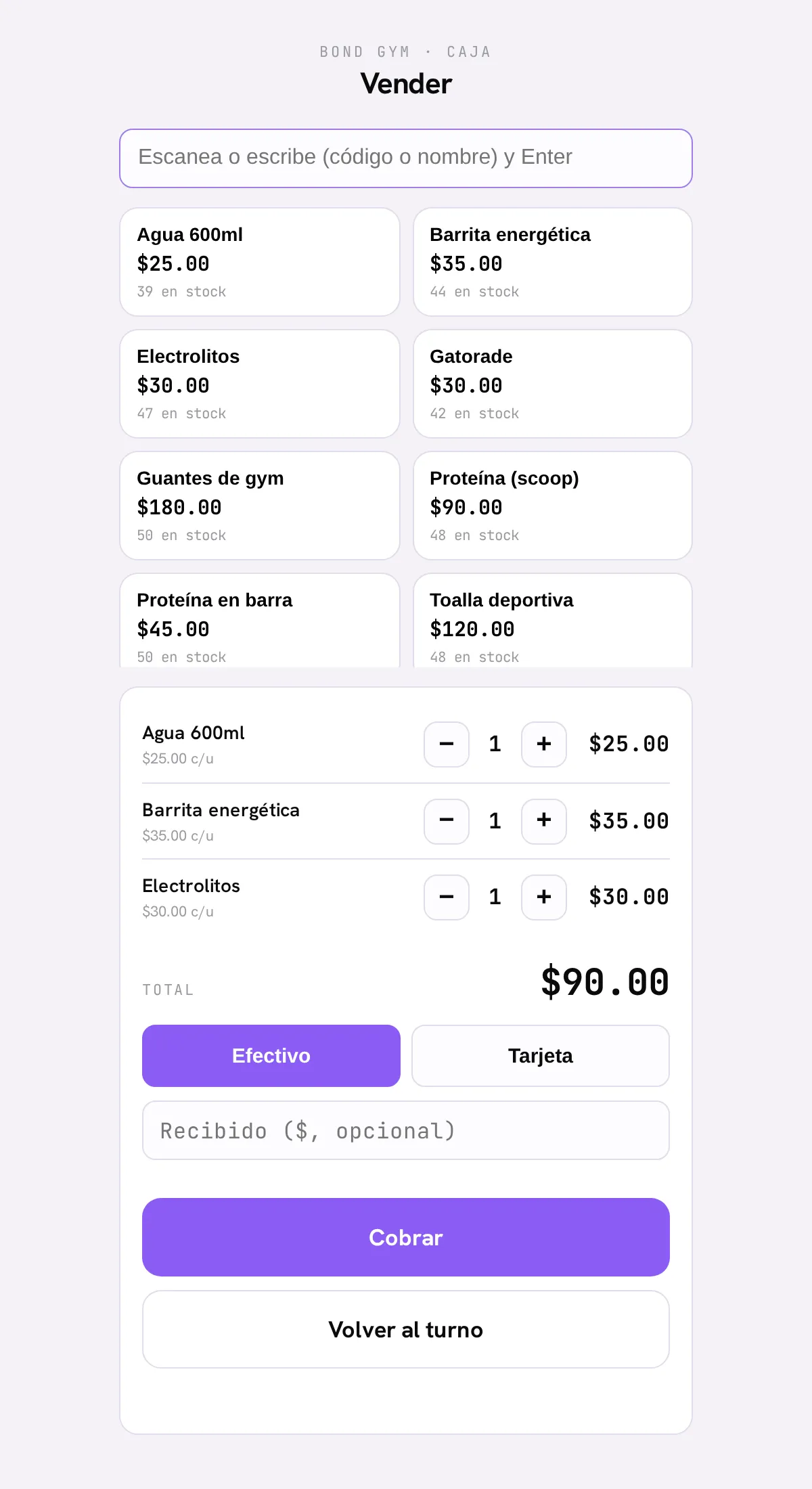 El carrito del kiosko: la cuadrícula de productos, el carrito con el total y el cobro