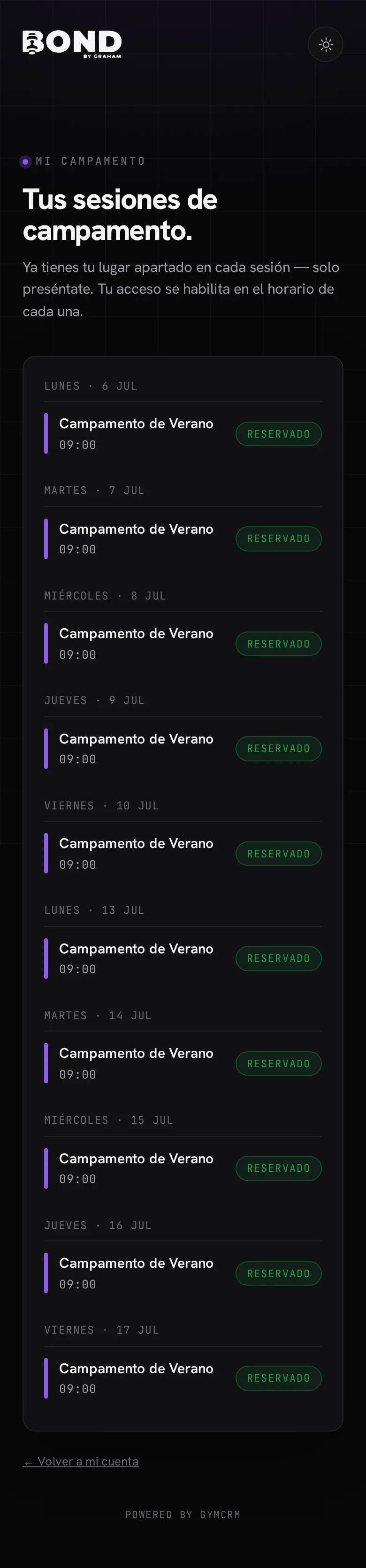 Mi campamento en el portal del socio: sus sesiones reservadas, marcadas como Reservado
