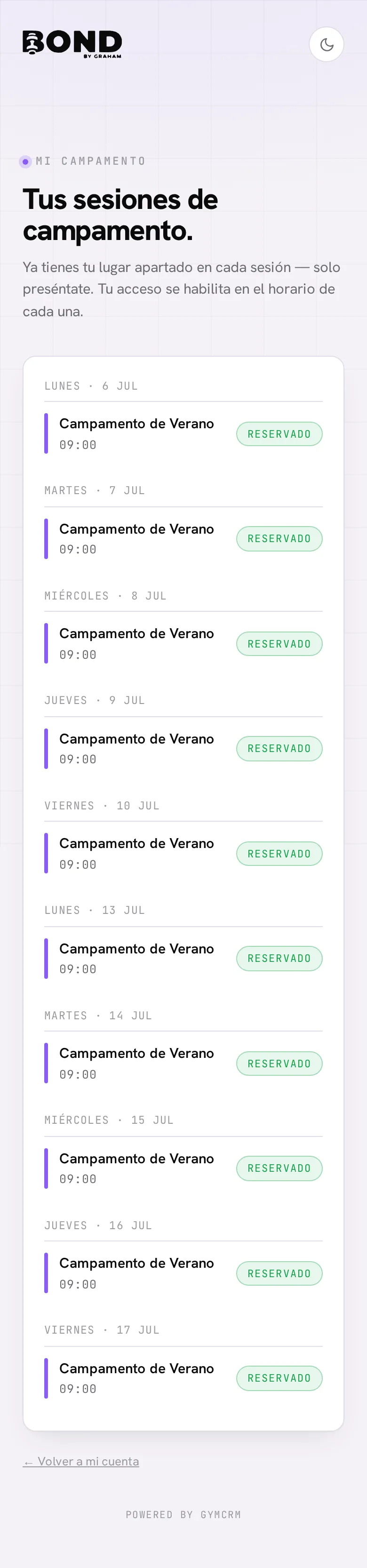 Mi campamento en el portal del socio: sus sesiones reservadas, marcadas como Reservado