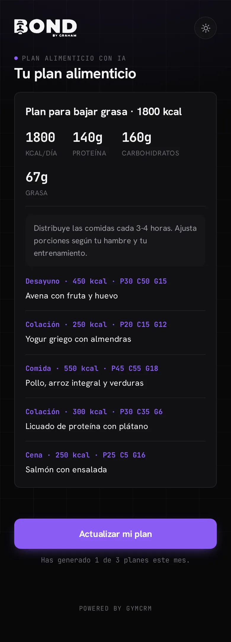 El plan alimenticio en el portal del socio: macros del día y la lista de comidas