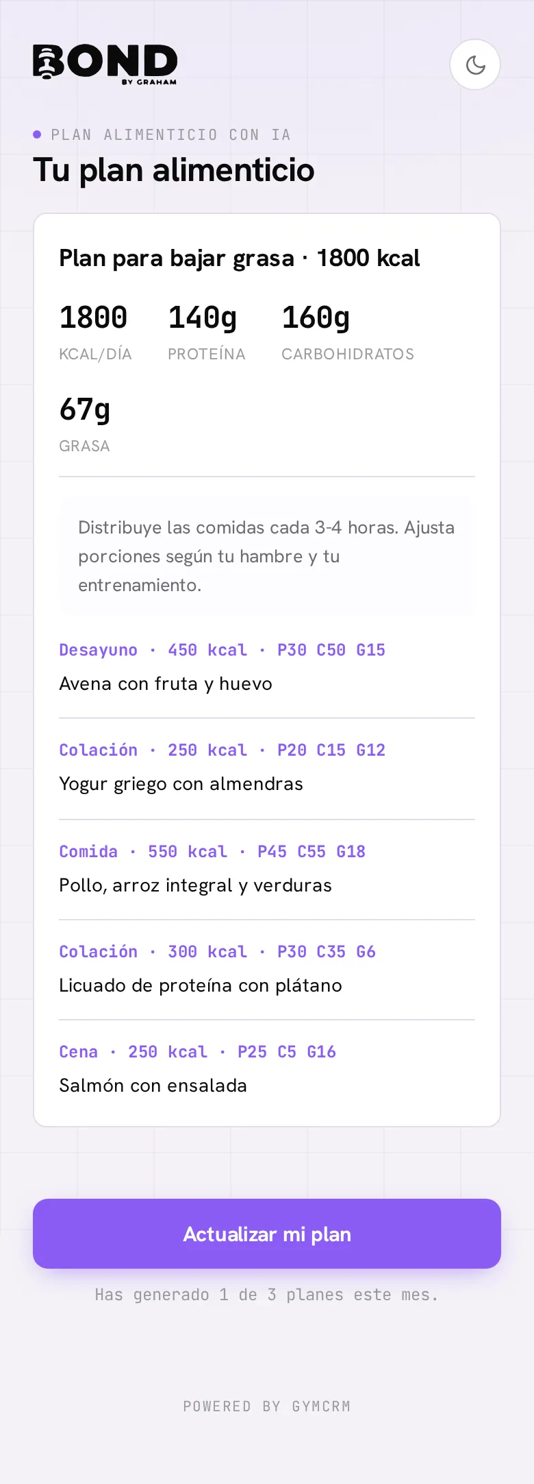 El plan alimenticio en el portal del socio: macros del día y la lista de comidas