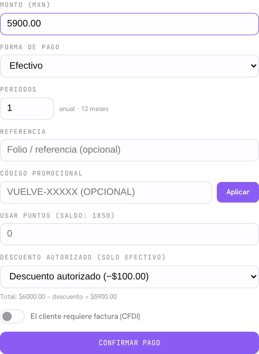 El formulario de pago con el campo Descuento autorizado visible: el motivo seleccionado y el total recalculado