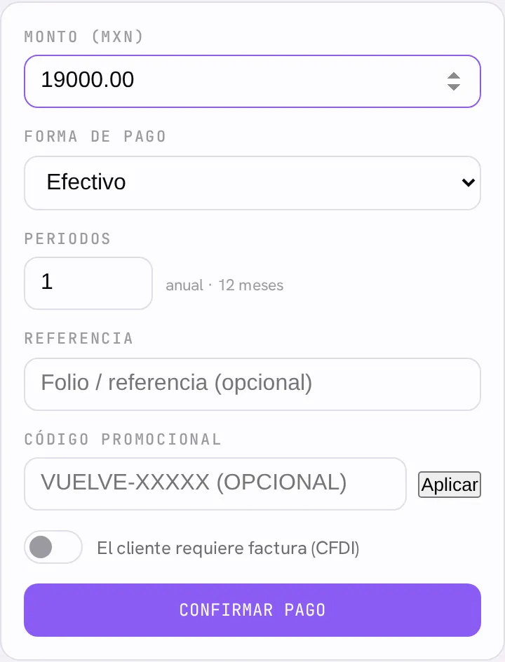 El formulario de registrar pago: monto, forma de pago, periodos, código promocional y la opción de factura