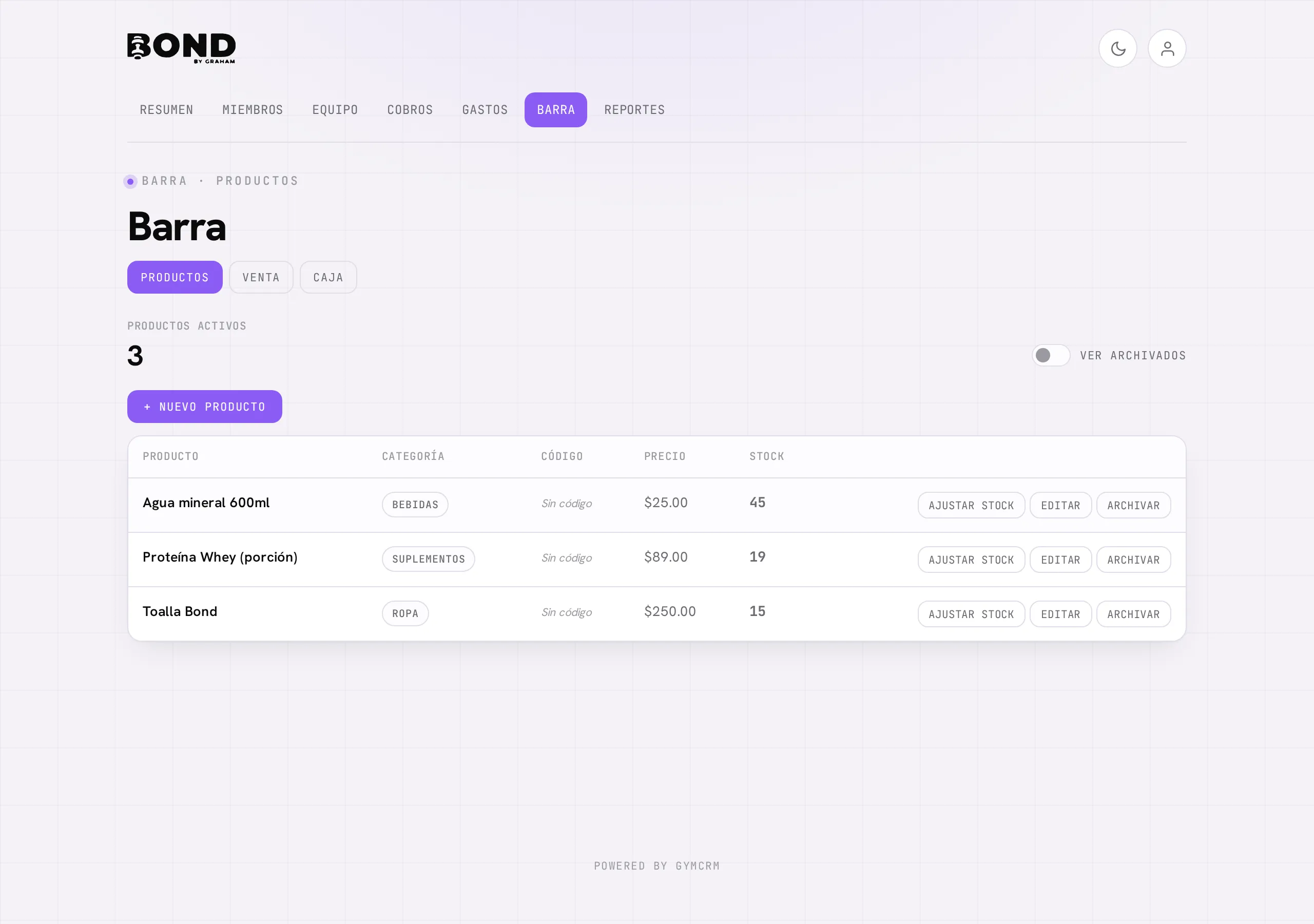 El catálogo de productos: categoría, precio, código y stock de cada uno