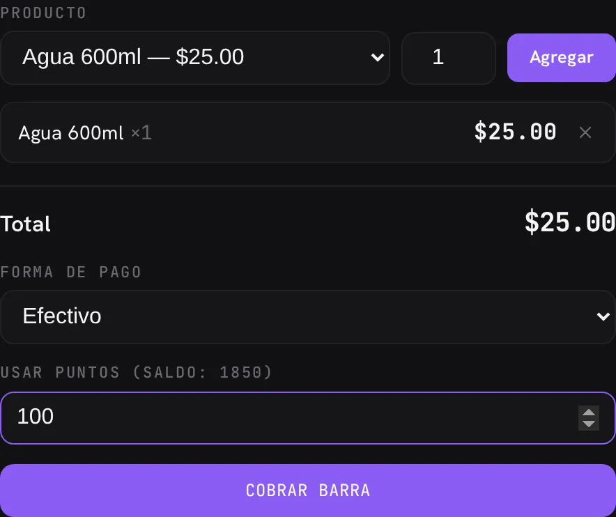 El modal de vender barra con el campo Usar puntos: 100 puntos aplicados sobre una venta de $120