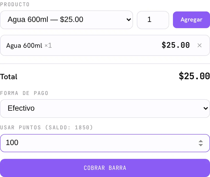 El modal de vender barra con el campo Usar puntos: 100 puntos aplicados sobre una venta de $120