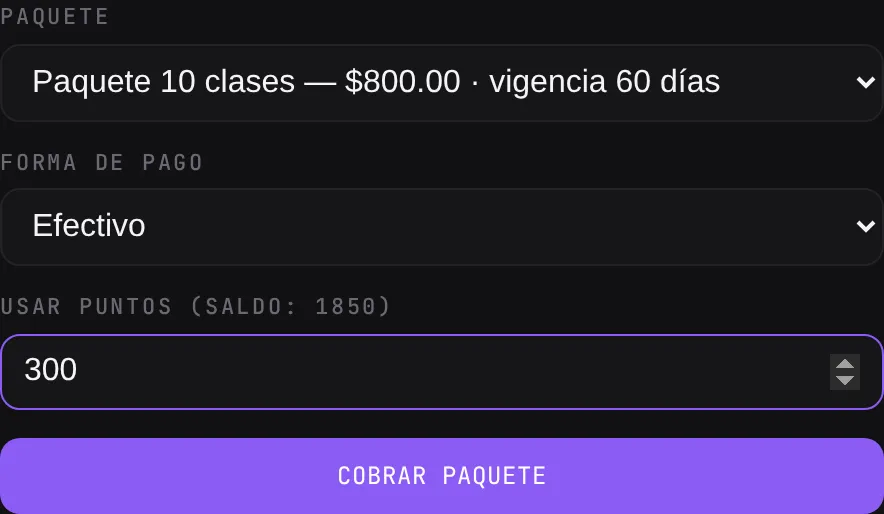 El modal de vender paquete con el campo Usar puntos: 400 puntos aplicados sobre un paquete de $800