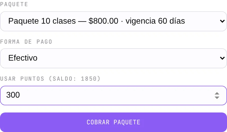 El modal de vender paquete con el campo Usar puntos: 400 puntos aplicados sobre un paquete de $800