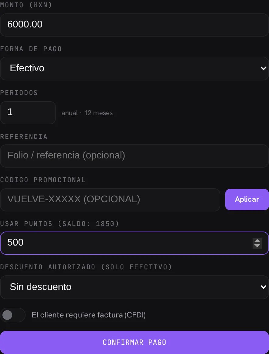El modal de registrar el pago de la membresía con el campo Usar puntos, junto al código promocional: 500 puntos aplicados