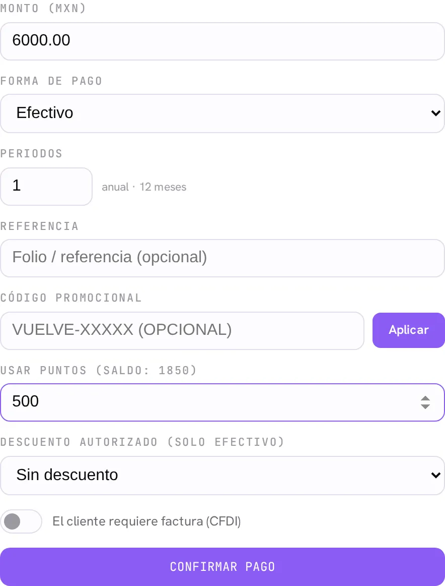 El modal de registrar el pago de la membresía con el campo Usar puntos, junto al código promocional: 500 puntos aplicados