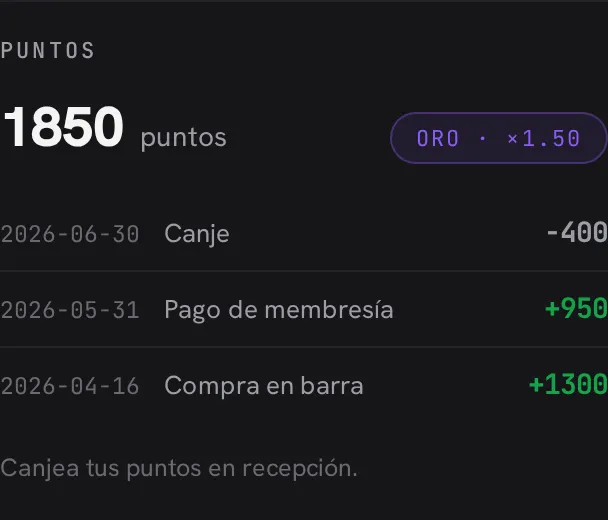 La tarjeta de Puntos en el portal del socio: saldo, nivel Oro con multiplicador, y el historial con un canje y las ganancias por membresía y barra