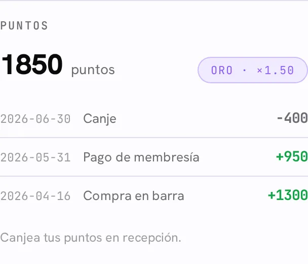La tarjeta de Puntos en el portal del socio: saldo, nivel Oro con multiplicador, y el historial con un canje y las ganancias por membresía y barra