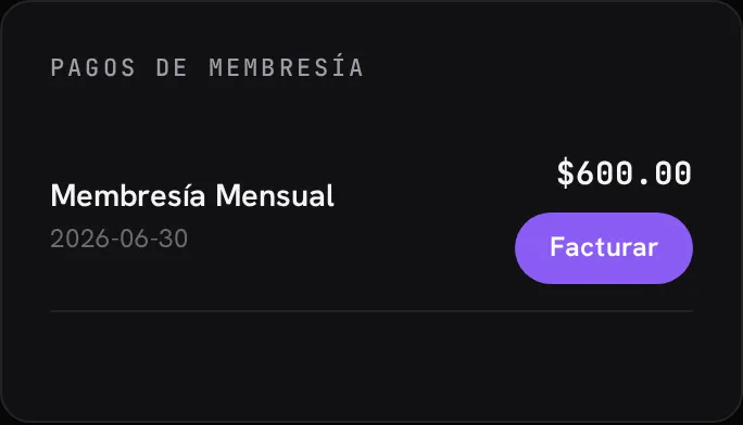 Portal del socio mostrando un pago de membresía disponible para facturar a su nombre