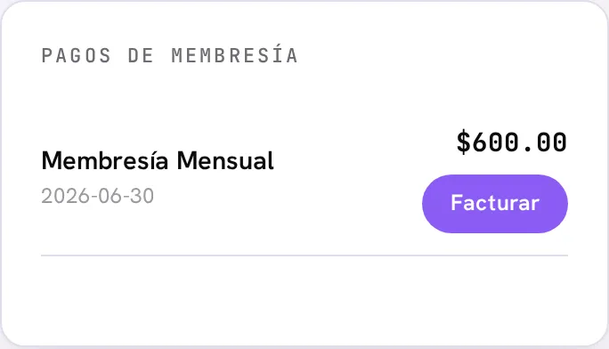 Portal del socio mostrando un pago de membresía disponible para facturar a su nombre