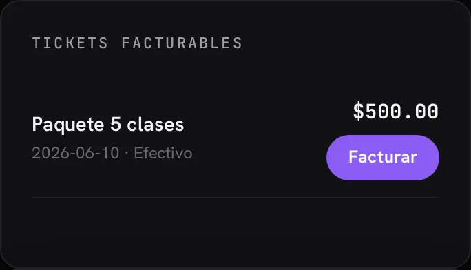 Lista de tickets facturables, cada uno con el botón Facturar